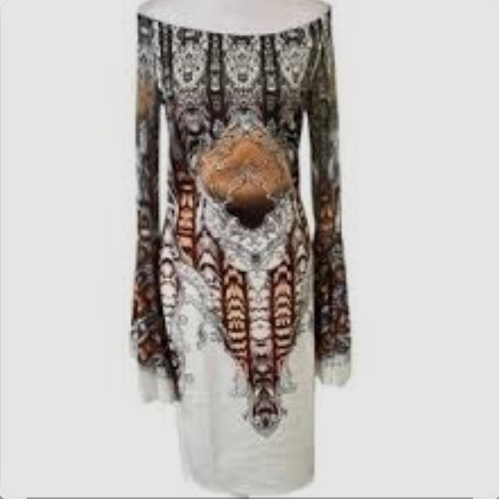 VENUS Black, Orange, and White Printed Dress With Bell Sleeves